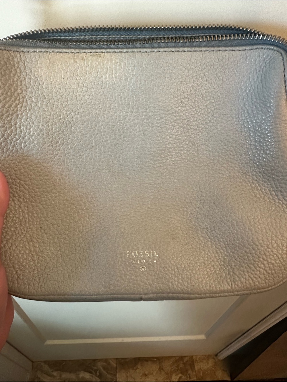 Fossil Pebbled Leather Zip Pouch in Light Gray